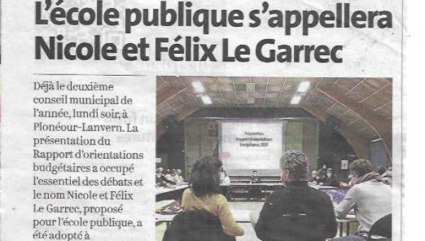 Inauguration de l'école publique "Nicole et Félix Le Garrec" le 2/07, 14h30